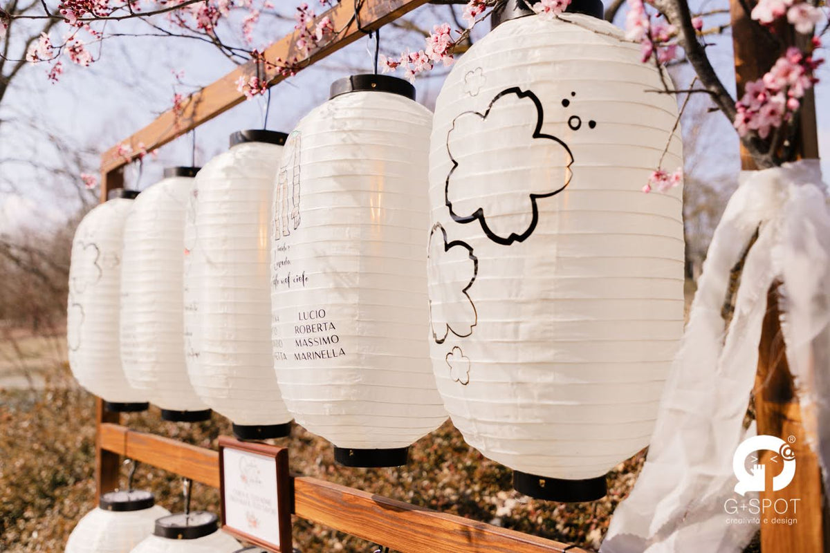 Matrimonio a tema Studio Ghibli di Gianluca e Valentina, con tableau su lanterne giapponesi, personaggi 3D, menù omamori e bomboniere furoshiki.