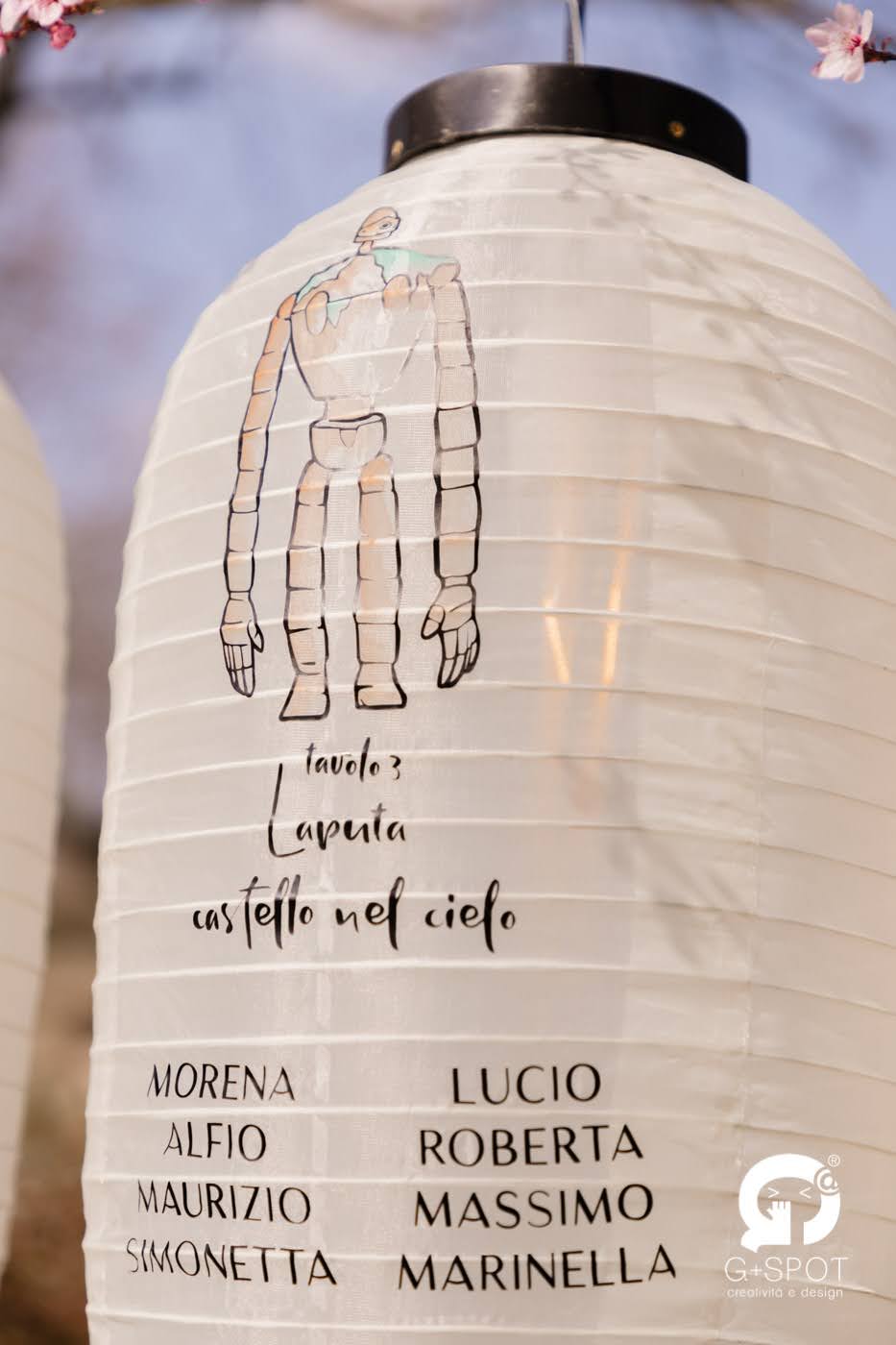 Matrimonio a tema Studio Ghibli di Gianluca e Valentina, con tableau su lanterne giapponesi, personaggi 3D, menù omamori e bomboniere furoshiki.