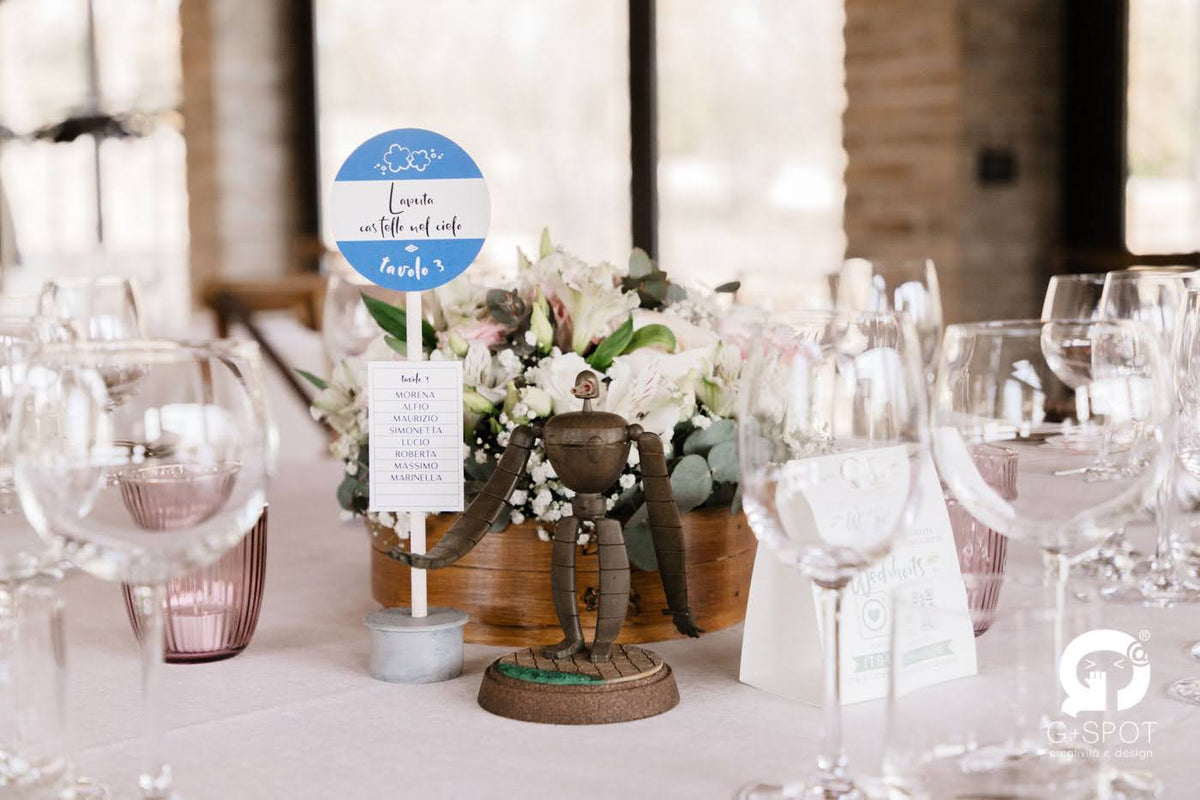 Matrimonio a tema Studio Ghibli di Gianluca e Valentina, con tableau su lanterne giapponesi, personaggi 3D, menù omamori e bomboniere furoshiki.