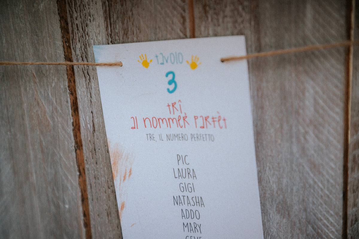 Matrimonio colorato di Chiara e Matteo a Villa Ca' Bianca, con partecipazioni ispirate ai disegni dei bambini, menù personalizzati e tableau in dialetto bolognese.