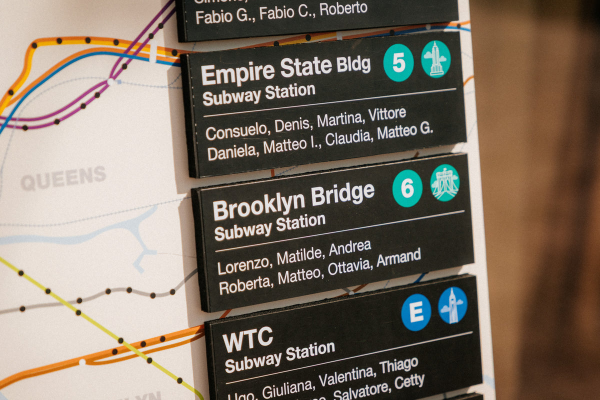 Wedding design a tema New York per Andrea e Ilaria, con tableau della metropolitana, menù coordinati e segnatavolo ispirati alla NYC Subway